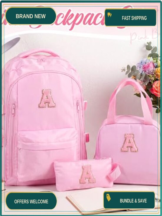 3-Piece Monogrammed Initial Backpack Set with Lunch Bag & Pencil Case